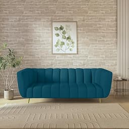 wakeup INDIA Mushy Premium Fabric Sofa Set | Pocket Spring Cushion 3 Seater Sofa | Padded Cushioned Armrest | Metal Leg with Golden Polish (Peacock Blue, Seating-3) | 3 Years Warranty, 3-Person Sofa